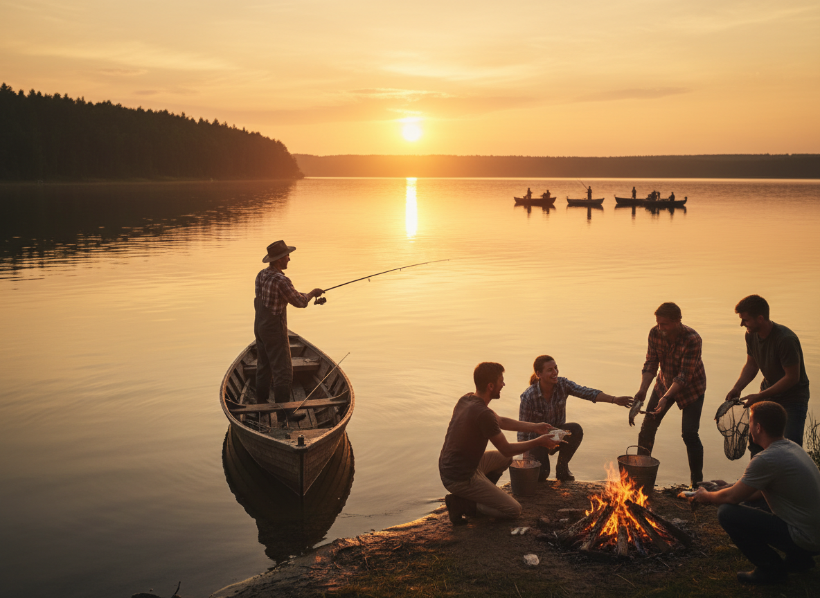 A heartwarming golden-hour fishing scene on a calm lake or river, with a person in a fishing boat casting a line at sunset. Warm orange and golden tones reflect on the water. Peaceful, hopeful, and inspiring atmosphere that conveys healing, community, and giving back.